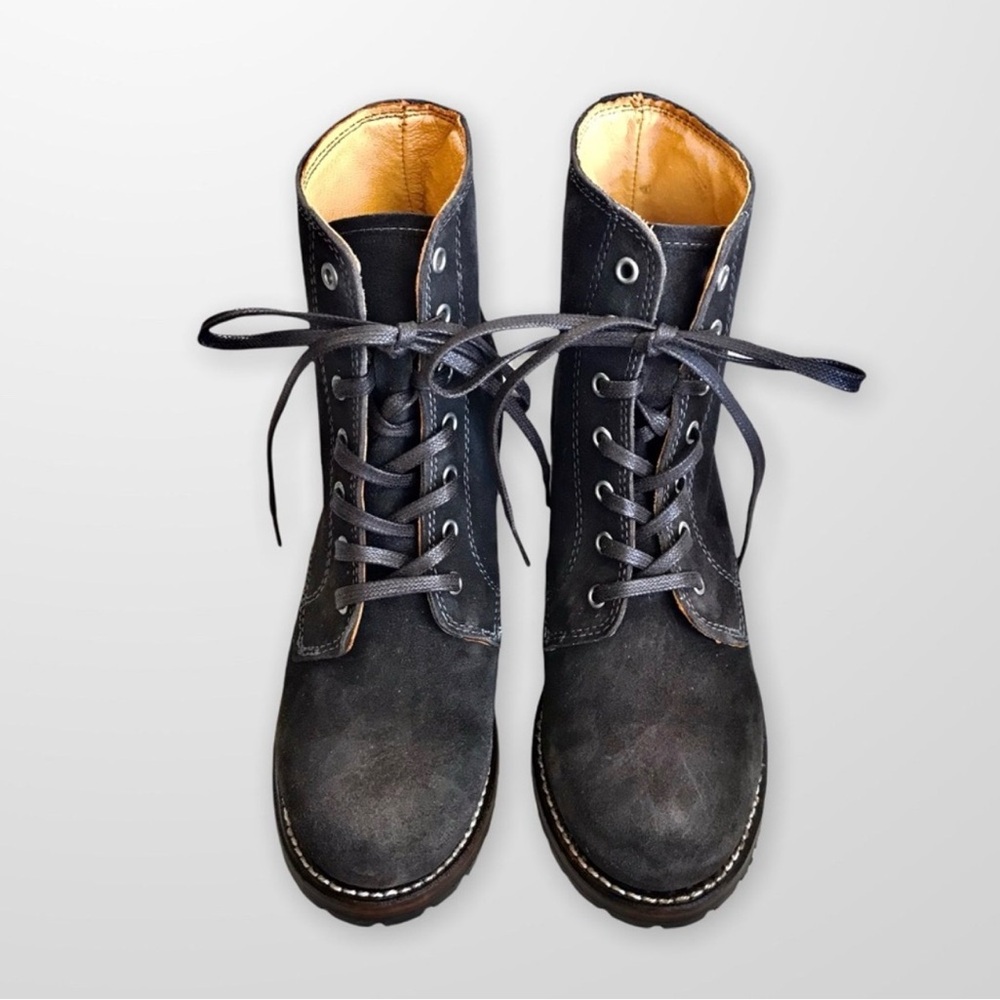 RARE Frye Sabrina 6G Grey Suede/Leather Lace Up Combat Moto Heeled Ankle Booties - Picture 3 of 7